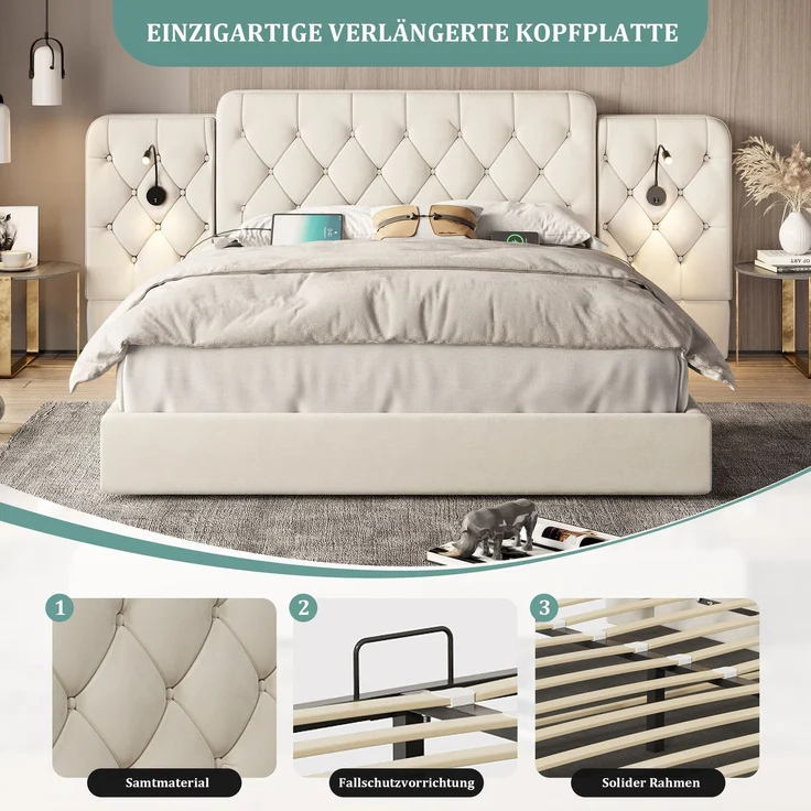 Polsterbett, Samt mit USB-Anschluss, Leselampen & Stauraum, 160x200 cm, Beige, ohne Matratze – Bild 8