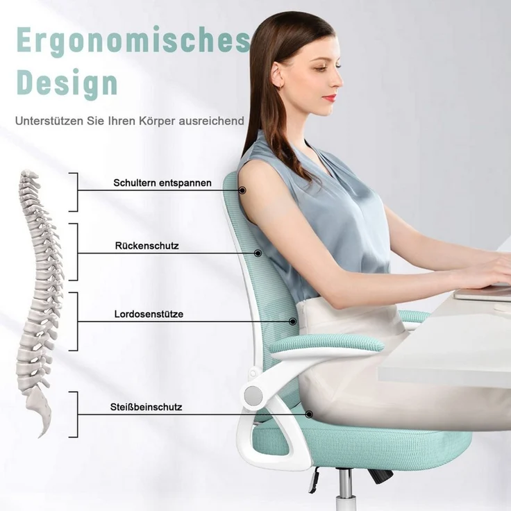 BIGZZIA Bürostuhl Ergonomischer Sitz, Sessel mit 90° klappbarer Armlehne,Lordosenstütze,höhenverstellbar – Bild 2