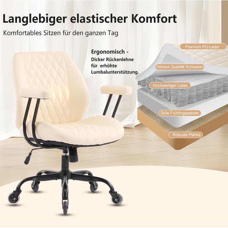 Bürostuhl aus Leder mit Federkern-Sitz & verstellbarer Neigung, 62x62x96 cm, Creme – Bild 4