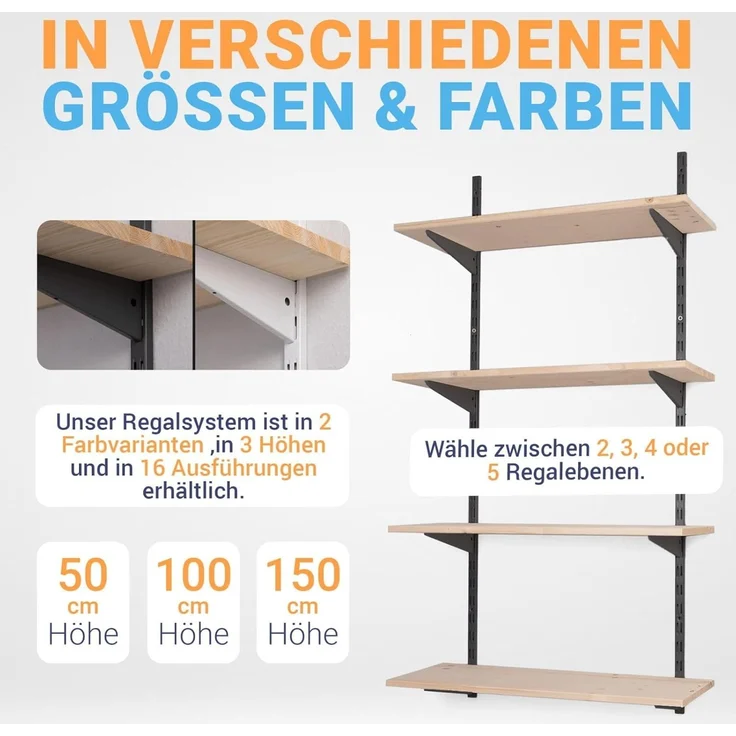 BOOMET Wandregal Metall Regal mit Fichtenböden · Regalsystem in 50 Größen ·, 80 15-tlg, Bausatz · Wandschienen Regalsystem · Regalträger Schienensystem – Bild 2