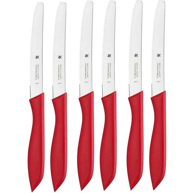 WMF Classic Line Frühstücksmesser Set 6-teilig, 23 cm, Brötchenmesser Wellenschliff, Brotzeitmesser, Spezialklingenstahl, Kunststoffgriff, rot