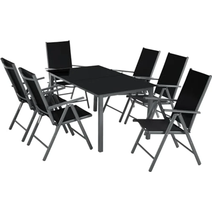 tectake® Sitzgarnitur Aluminium Klappstühle, Lounge Set mit 6X Stühle und 1x Glastisch Esstisch, Gartenmöbel Set wetterfest für den Balkon, Gartenstühle, Terrassenmöbel, Liegestuhl - anthrazit – Bild 2