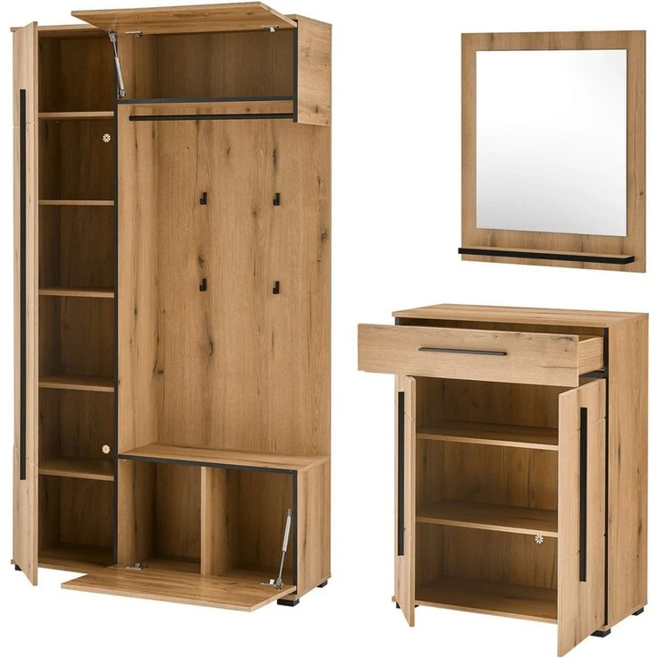 Home affaire Garderoben-Set Cantara, moderne Garderobe, Komplettset mit viel Stauraum, (Komplett-Set, 3-St), enthält Garderobenschrank, Kompaktgarderobe inkl. Sitzkissen & Spiegel – Bild 4