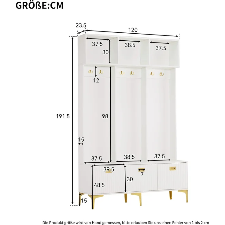 Merax Garderobenset mit Bank, multifunktionale Aufbewahrungsbank, offene Aufbewahrung,6 goldene Haken und Füße, geeignet für Flur, Wohnzimmer, weiß, B120/D23.5/H191.5CM – Bild 4