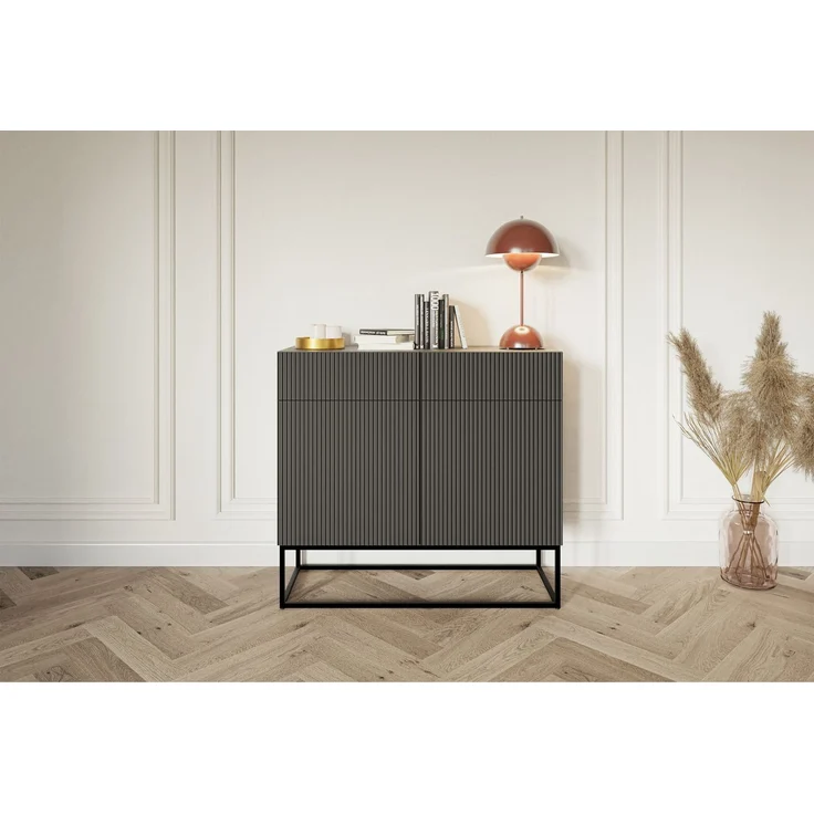 Selsey 'Veldio' Sideboard 2-türig mit Schubladen, schwarz mit Metallgestell, ca. 90 x 100 x 38 cm – Bild 2