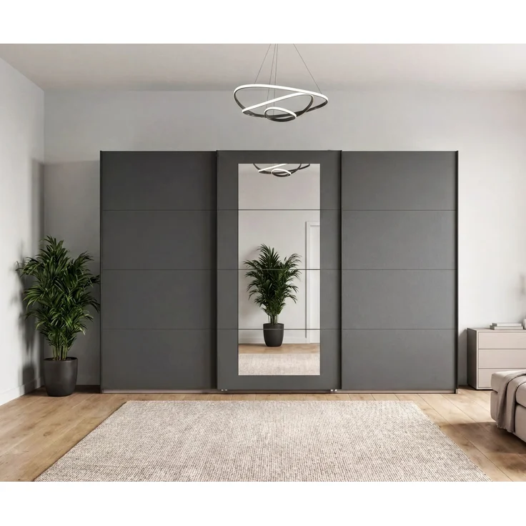 Schwebetürenschrank 3-trg Kleiderschrank 313 cm in Grafit Spiegel Griffe schwarz – Bild 3