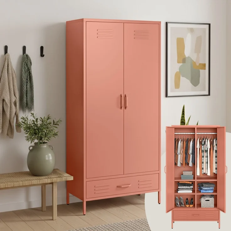 skølm 'Atria' Kleiderschrank mit Schublade, Metall, 170x45x80 cm, terrakotta, Garderobe mit 4 Fächern und 2 Kleiderstangen – Bild 1