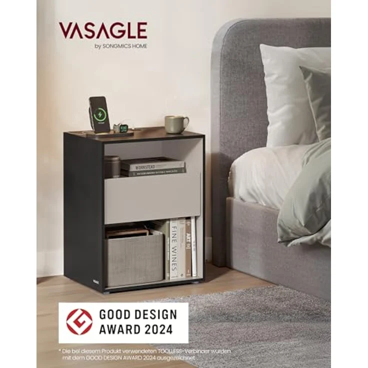 VASAGLE Nachttisch 2er Set, superschnelle werkzeuglose Montage, Toolless-Technologie, Beistelltisch mit Ladefunktion, Nachtschrank mit Schublade, Schlafzimmer, tintenschwarz-cappuccinobeige – Bild 3