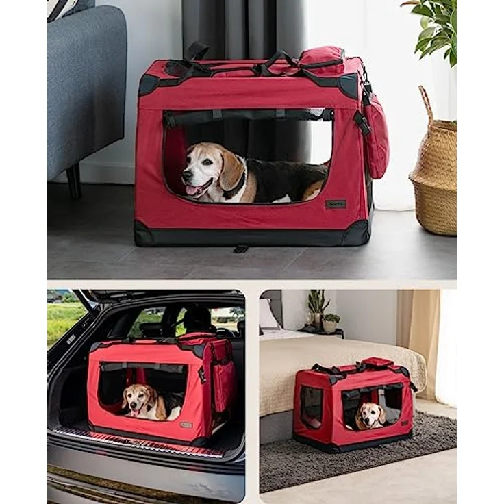 lionto Hundetransportbox, Faltbar, für Reise & Auto, 70x52x50 cm, Rot | Stabile Hundebox aus Stoff mit Netzfenstern, Tragegriffen, weicher Decke & Taschen, für Katzen & Hunde bis 15 kg geeignet – Bild 2