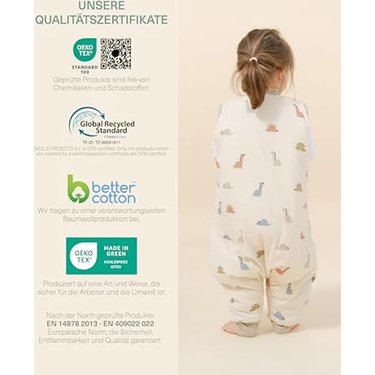 molis&co - Baby Schlafsack mit Füßen 2.5 TOG - Ganzjahres Schlafsack - Babyschlafsack mit Beinen - 100% Baumwolle (Oeko-TEX 100), Winterschlafsack Premium Qualität - Dinos (100 cm) – Bild 7