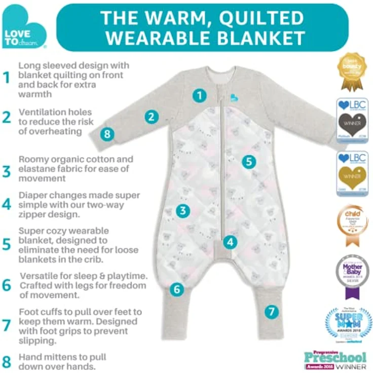 Love To Dream Schlafsack mit Füßen, 6-12 Monate, integrierte Steppdecke für kühle Temperaturen (16-20°C), statt Bettdecke, Schlafanzug Baby Winter, Babyschlafsack, Weiß – Bild 4