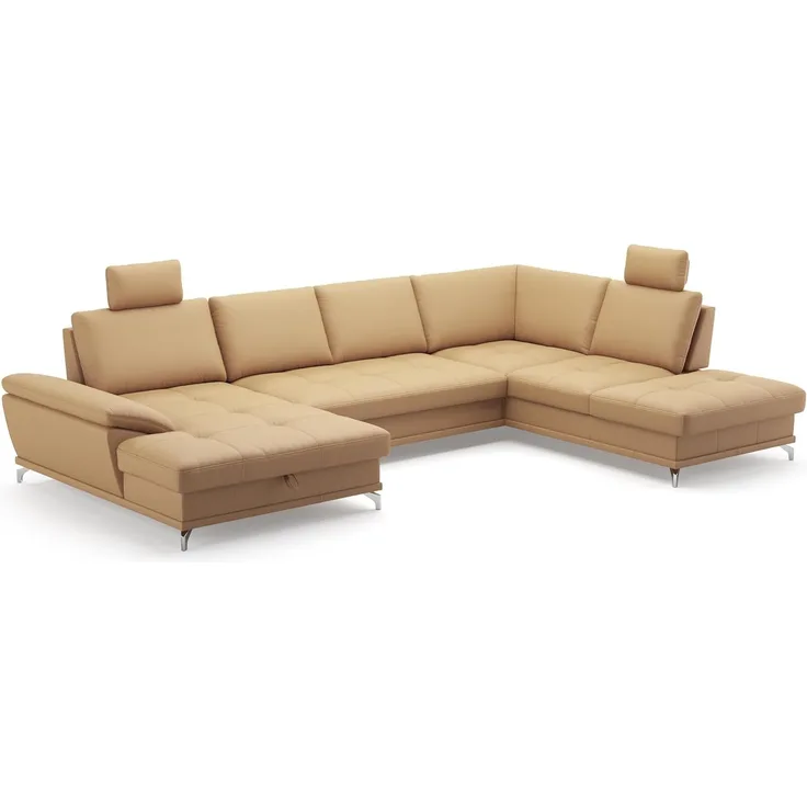 Cavadore Wohnlandschaft Castiel mit Federkern / Sofalandschaft mit XL-Longchair, Bett, Bettkasten, Sitztiefenverstellung, Kopfstützen und Metallfüßen / 363x89-104x223 / Echtleder, Beige