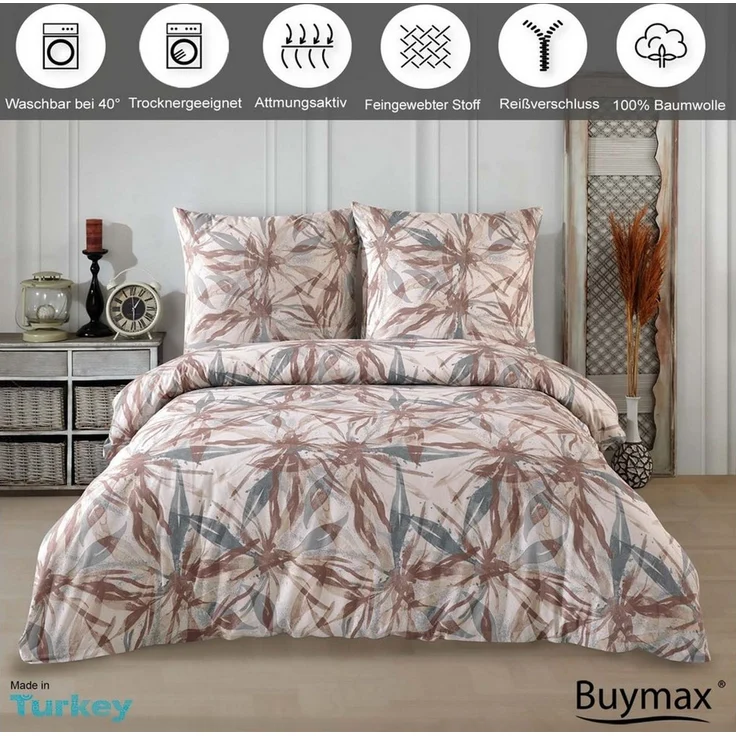 Buymax Bettwäsche Dorina, Bettgarnitur, Bettbezug Set, Renforce: 100% Baumwolle, 2 teilig, mit Reißverschluss, geblümt, Blumen, Beige Braun, 155x220 cm – Bild 1