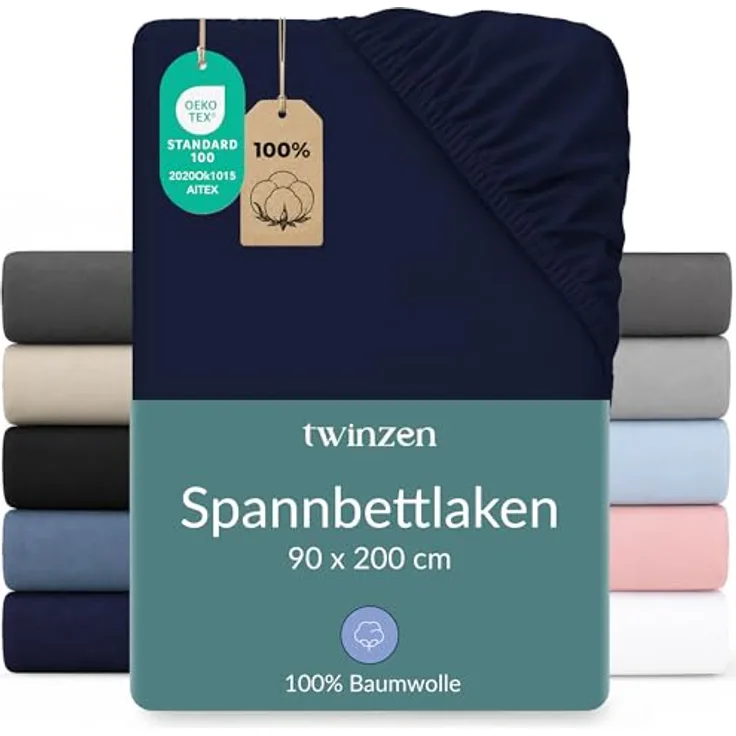 Twinzen Spannbettlaken 90x200cm / 90x190cm - 100% Jersey Baumwolle, Dunkelblau, Oeko-Tex zertifiziert, atmungsaktiv und bügelfrei