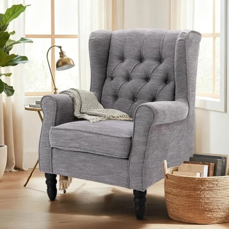 COLAMY Mid-Century Modern Sessel Wohnzimmer, Gepolsterter Wingback-Sessel mit Knopfsteppung, loungesessel Bezug aus Gewebe mit Massivholzbeinen für Wohnzimmer, Büro, Café - Dunkelgrau – Bild 1