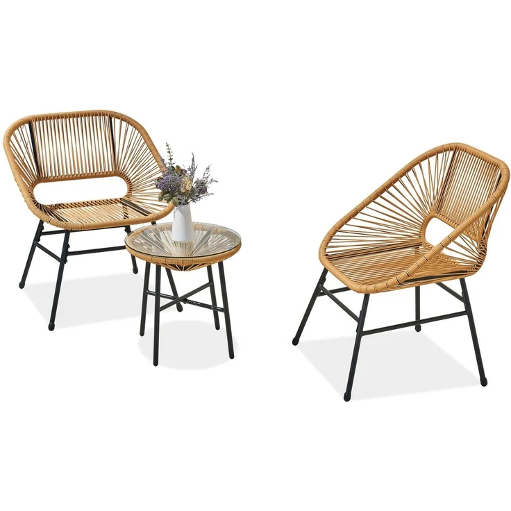 Beautysofa Gartenlounge-Set MALIKA Balkonmöbel, (Stahlgestell pulverbeschichtet, Polyrattan-Optik, 3-tlg, 2 Gartensessel + 1 Couchtisch), gehärtete Glasplatte 5 mm, wetterbeständig, stabil – Bild 3