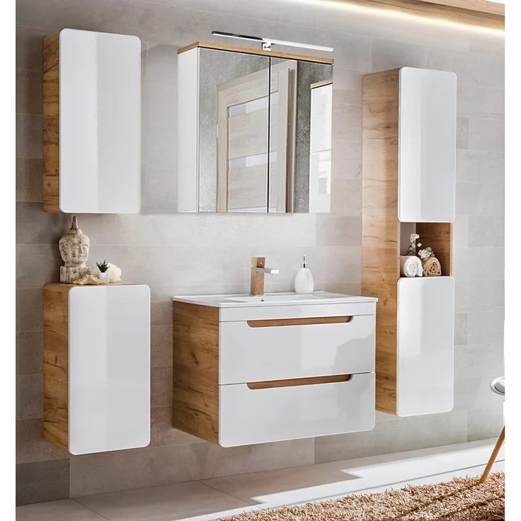 Badezimmer Spiegelschrank 80 cm LED-Beleuchtung LUTON-56 Hochglanz weiß mit Wotan Eiche Nb, B/H/T ca. 80/70/20 cm – Bild 3