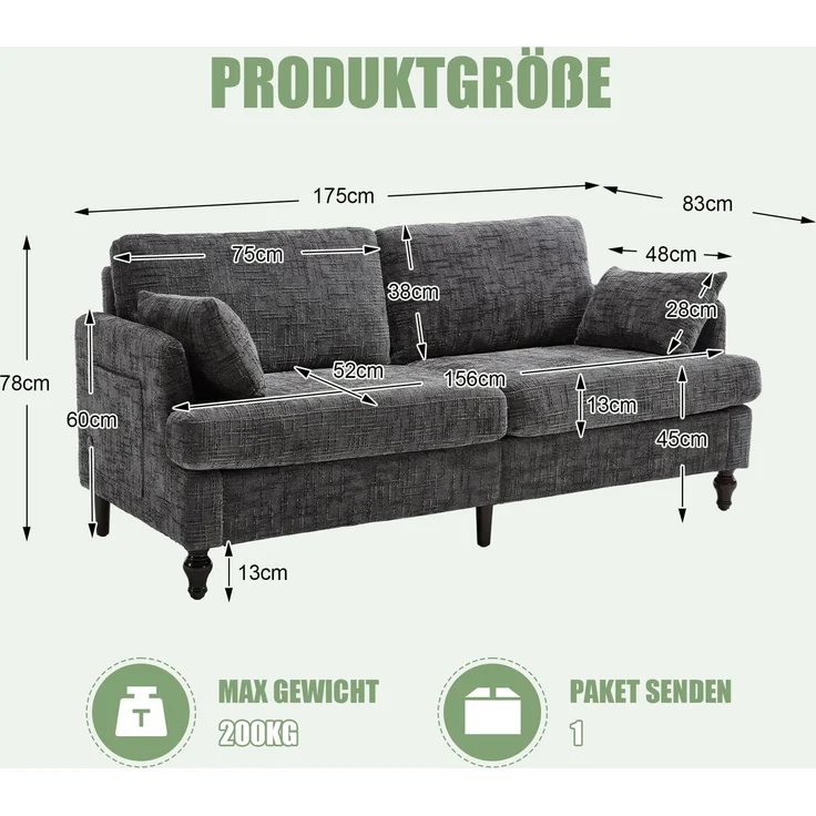 2-sitziges Chenille-Sofa mit USB-Ladeanschluss, LED-Licht und Aufbewahrungstasche in Grau – Bild 10