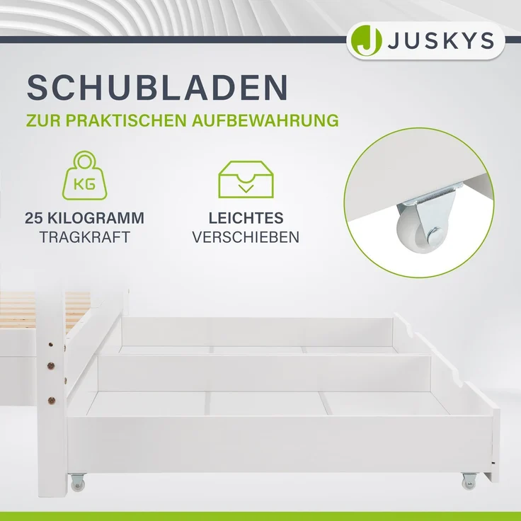 Juskys 'Marli' Kinderbett, mit Matratze, Bettkasten, Rausfallschutz, Lattenrost & Dach - Massivholz Hausbett für Kinder - Bett in Weiß, 80x160 cm – Bild 6