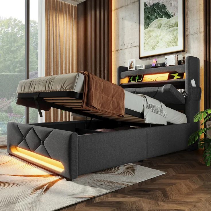 Polsterbett Einzelbett Leinen, mit 360° Musik-LED & 4-fach Ladestation inkl. Matratze, 90x200 cm, Grau – Bild 2