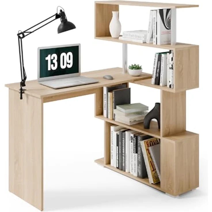 Mondeer Computertisch L-Förmig, Eckschreibtisch, mit 360 Grad Drehbarem Bücherregal für Arbeitszimmer Wohnzimmer Büro 157 x 45 x 130,5 cm, Eiche – Bild 2