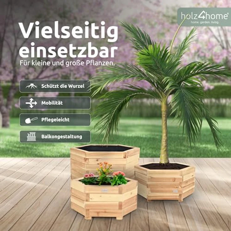 holz4home® Pflanzkübel 6-eckig aus Tannenholz I Outdoor Blumenkübel für Garten Balkon, inkl. Gartenhandschuhe & Vlies – Bild 5
