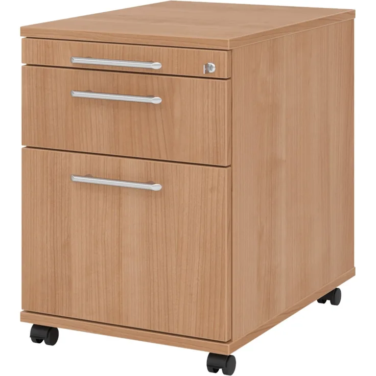 bümö Rollcontainer mit Hängeregistratur, Container abschließbar aus Holz in Nussbaum - Rollwagen für's Büro mit Hängeregister als Schreibtisch Unterschrank od. Bürocontainer m. Relinggriffe, AC20-N-N-RE