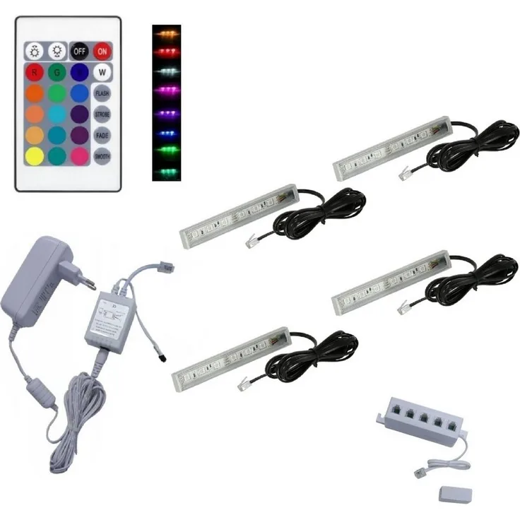 QLS LED Unterbauleuchte RGB 12V 2-8 Stück Weiß, LED fest integriert, Glasbodenbeleuchtung Lichtleiste Fernbedienung 16 Farben Dimmbar
