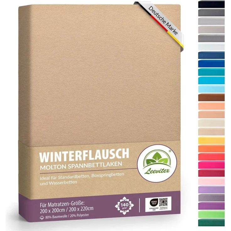 leevitex® Spannbettlaken für kalte Nächte – angenehm weich, passgenau, farbstark & pflegeleicht, Molton, Gummizug: rundum, (1 Stück), verschiedene Größen und Farben, 80% Baumwolle 20% Polyester, 40cm Steg – Bild 1