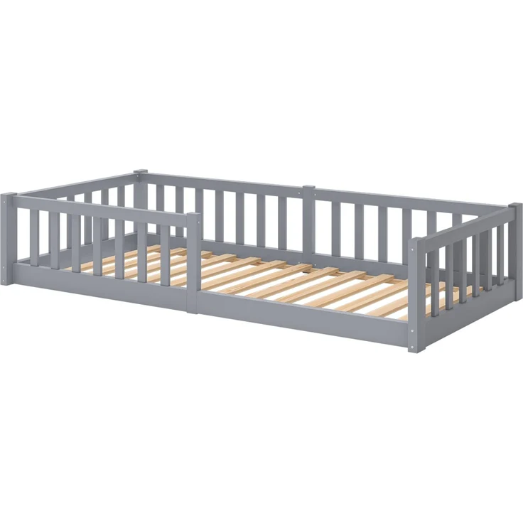 Bellabino 'Vere' Bodenbett 90x200 cm mit Matratze, grau, Massivholz Kiefer, Montessori Kinderbett mit Rausfallschutz und Lattenrost – Bild 2