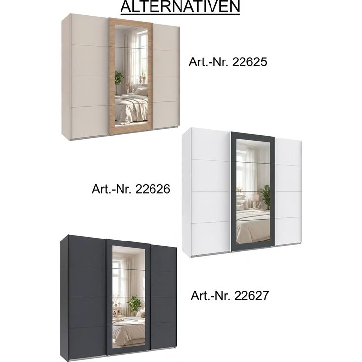 Schwebetürenschrank 3-trg. Kleiderschrank 225 cm Beige Grau, Eiche Natur Spiegel – Bild 9