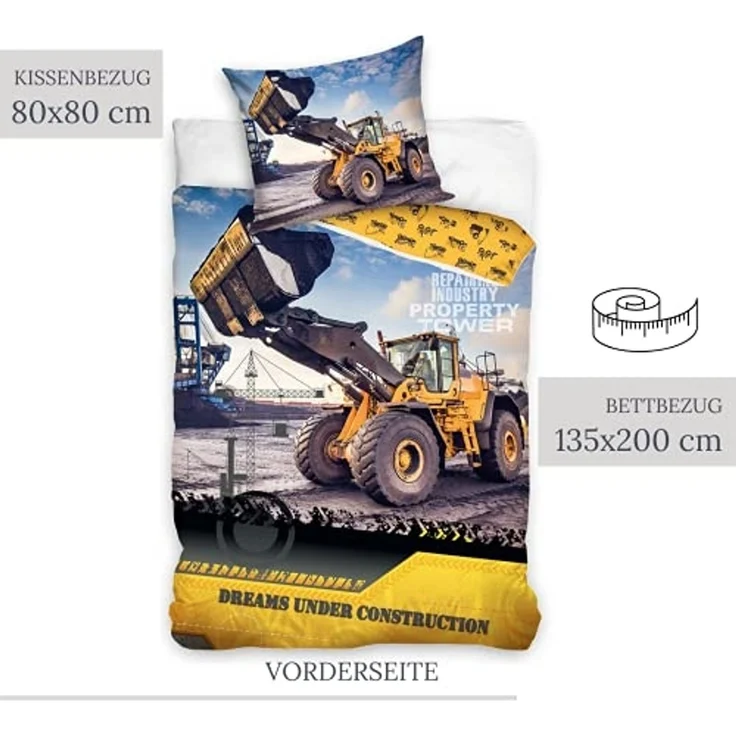 MTOnlinehandel Bettwäsche Bagger 135x200 + 80x80 cm, 100 % Baumwolle, Renforcé, 2 teilig, Kinderbettwäsche-Set mit Bagger, Betonmischer & Baustelle – Bild 2