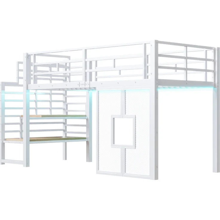 U-life Metall-Hochbett 90x200 cm mit Stauraumtreppe, LED-Beleuchtung und Fenster, Weiß – Bild 7