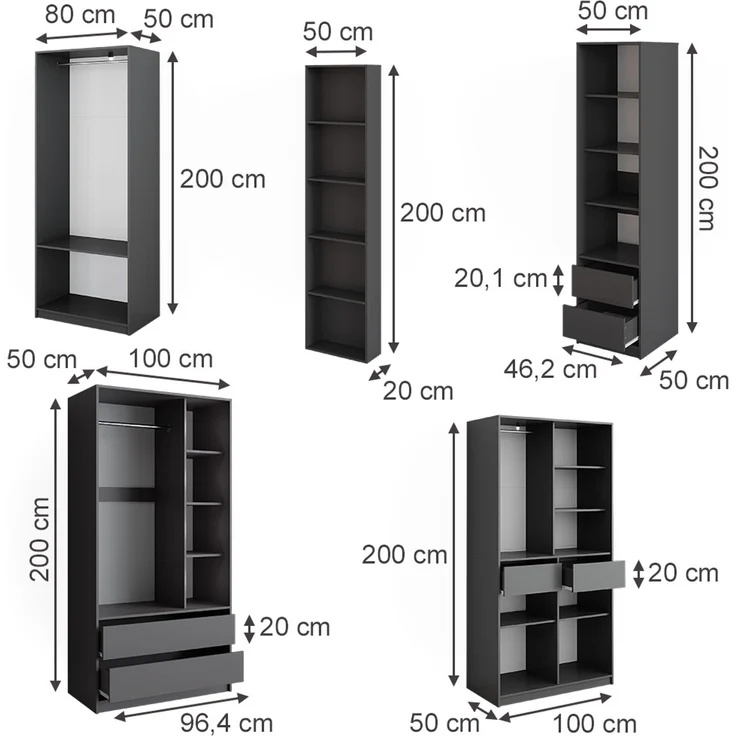 Kleiderschrank Elmo Anthrazit 50 x 200 cm 5er Set Vicco – Bild 2