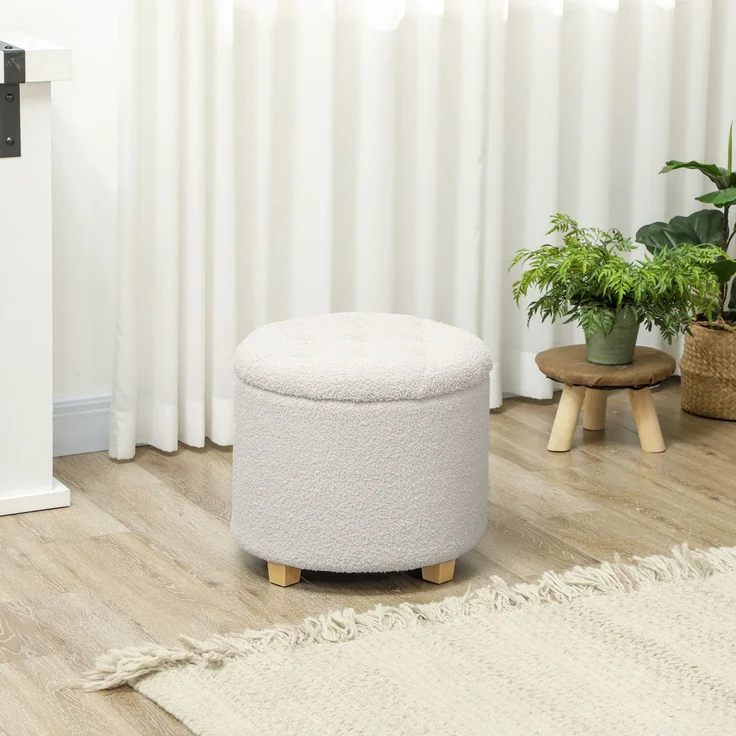 Sitzkissen mit Stauraum, runder Hocker, Fußhocker aus Bouclé-Stoff, Belastbarkeit 120 kg, Ø 45 x 41 cm, weiß – Bild 4