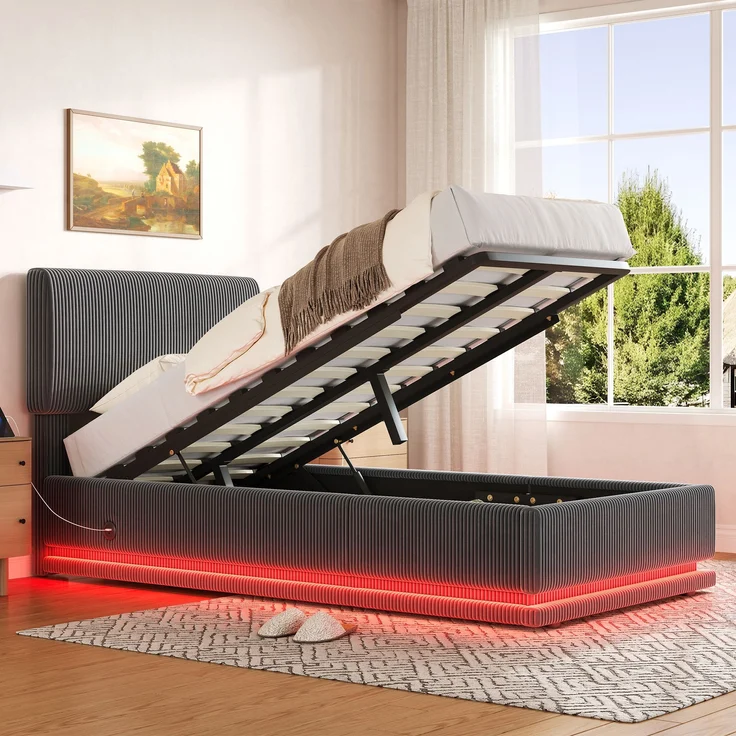 Polsterbett, Cord-Samt mit LED & USB-Anschluss, Stauraum, 91x207x102/107/112 cm, Dunkelgrau, ohne Matratze – Bild 3