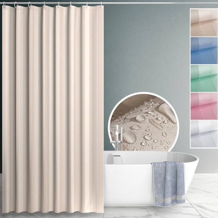 ANRO Duschvorhang aus Italien hochwertiger Badevorhang Textil mit Ösen und Haken Breite 120 cm (Packung, 1-tlg, Duschvorhang inkl. Aufhängeringe), robuster Vorhang Stangenaufhängung in Größe 200x120cm in natur – Bild 1