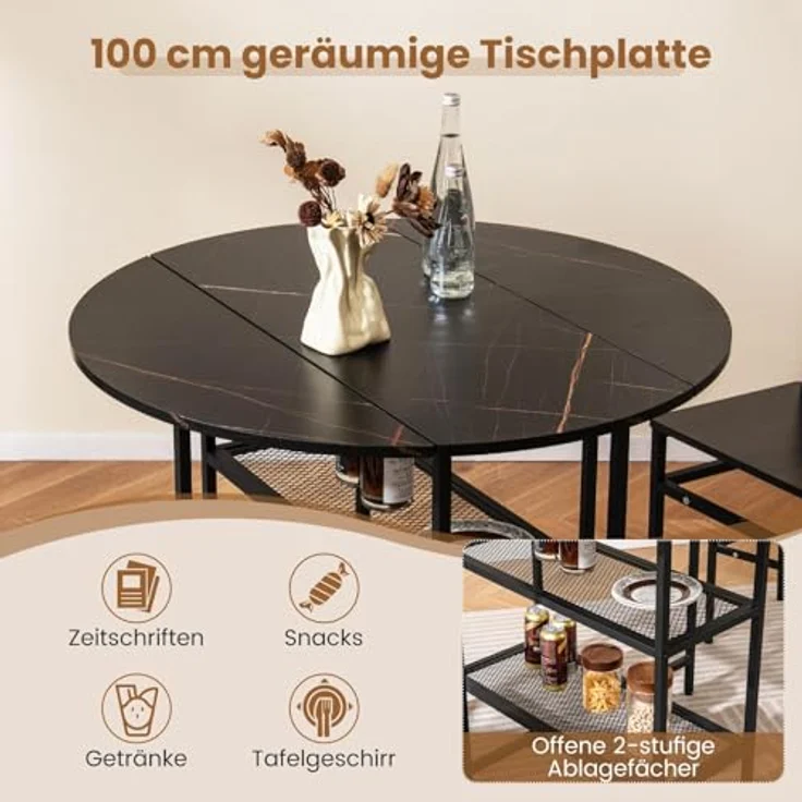 FANTASK Esstisch klappbar für 2-4 Personen, runder Esszimmertisch Küchentisch mit 2 Ablagefächern, mobiler Klapptisch Marmor Optik für Esszimmer, Wohnzimmer (Schwarz) – Bild 4