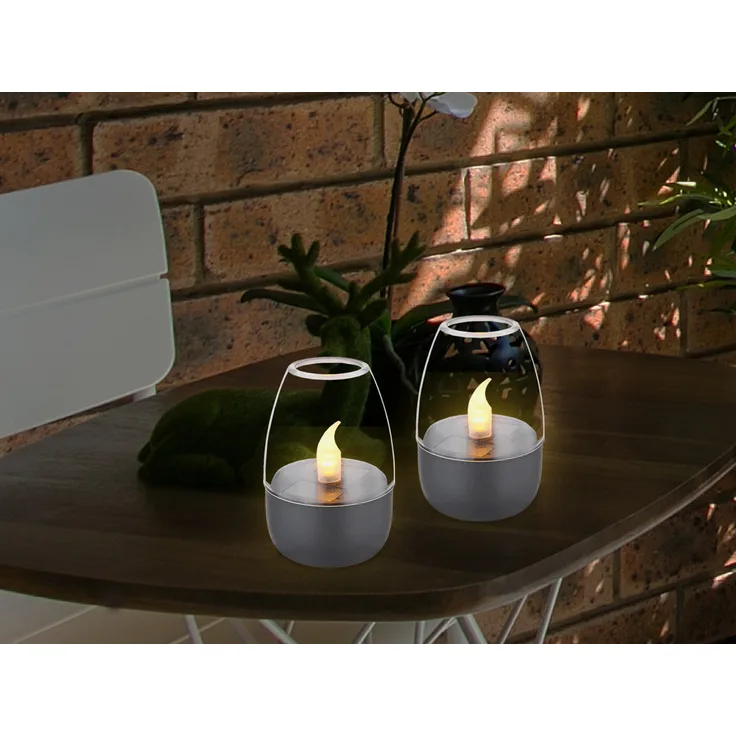 2er Set Kleine LED Deko Solar Windlichter mit Flammeneffekt, Höhe 9cm