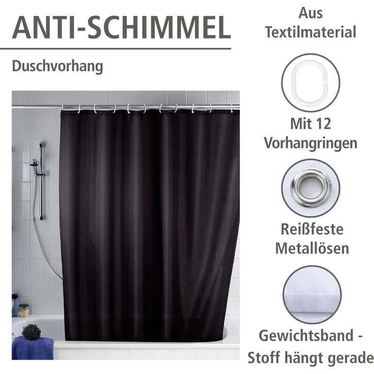 WENKO UNI Duschvorhang 180 x 200 cm, Schwarz, waschbar – Bild 4