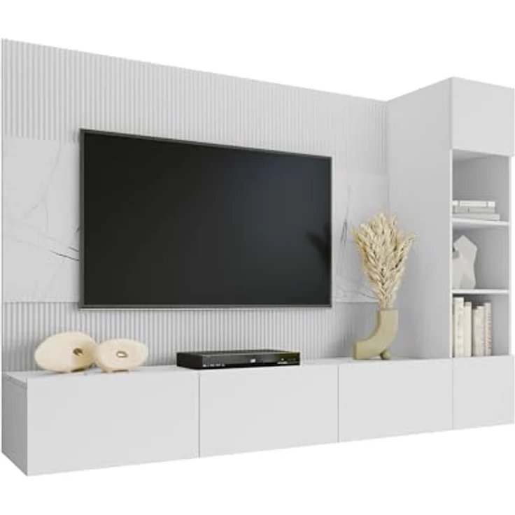 Mirjan24 Wohnwand, Weiß, Holzwerkstoff mit Marmor Optik, 220x150x38 cm, griffloses Öffnungssystem, Wohnzimmer Möbel – Bild 1