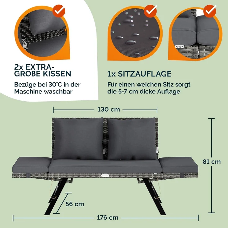 Casaria® Gartenbank mit Liegefunktion / Auflage / Kissen, Polyrattan grau, 176 x 56 x 81 cm – Bild 6