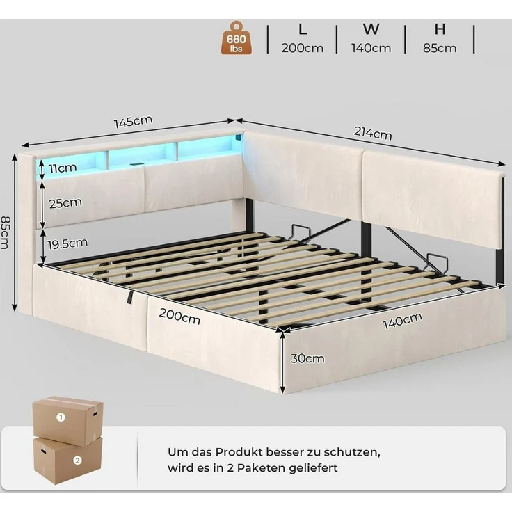 MSMASK Daybett Tagesbett mit LED-Kopfteil, Polsterbett Schlafsofa 140 x 200 cm mit USB-Anschlüssen