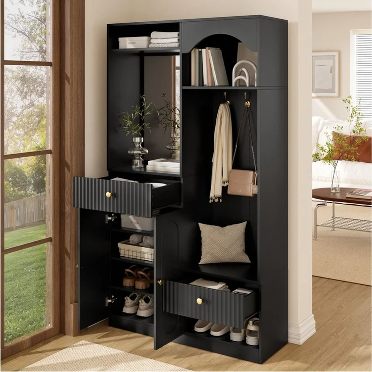 Merax Kompaktgarderobe mit Spiegel & Sitzbank (100 x 35 x 180 cm, 1-St) Garderoben-Set Flurgarderobe mit Schuhschrank, Haken & Stauraum – Bild 2