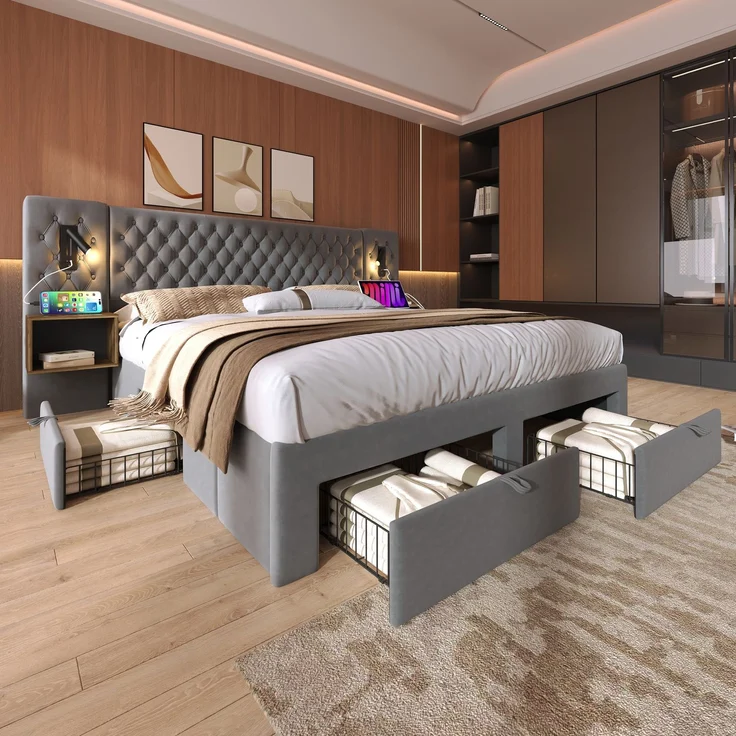 Bettanlage Schlafzimmer Komplett Set, Polsterbett Doppelbett 180×200 cm mit 2 Nachttischen und 4 Schubladen, Kopfteil Leselicht mit USB Ladefunkt – Bild 7