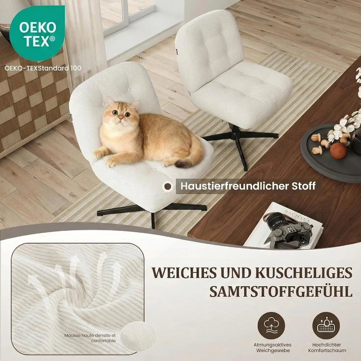 COLAMY Ergonomischer Bürostuhl Ohne Rollen, Schneidersitz Stuhl, Criss Cross Chair, 360° Drehbar Lehnstühle Lounge, Schminktisch Stuhl für Home Office, Weiß – Bild 4