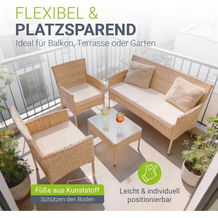 Juskys Polyrattan Gartenmöbel-Set Fort Myers creme – Sitzgruppe mit Tisch, Sofa & 2 Stühlen - Balkonmöbel für 4 Personen mit sandfarbigen Auflagen – Bild 4