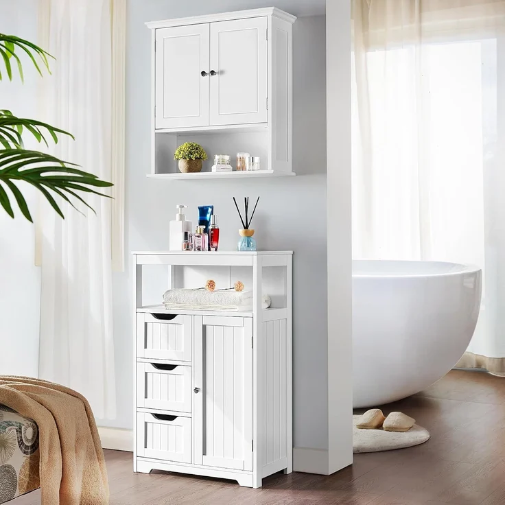 Yaheetech Badkommode mit Schubladen und verstellbarem Regalbrett, Holz, 86,5 x 29,5 x 55,5 cm, Weiß – Bild 4