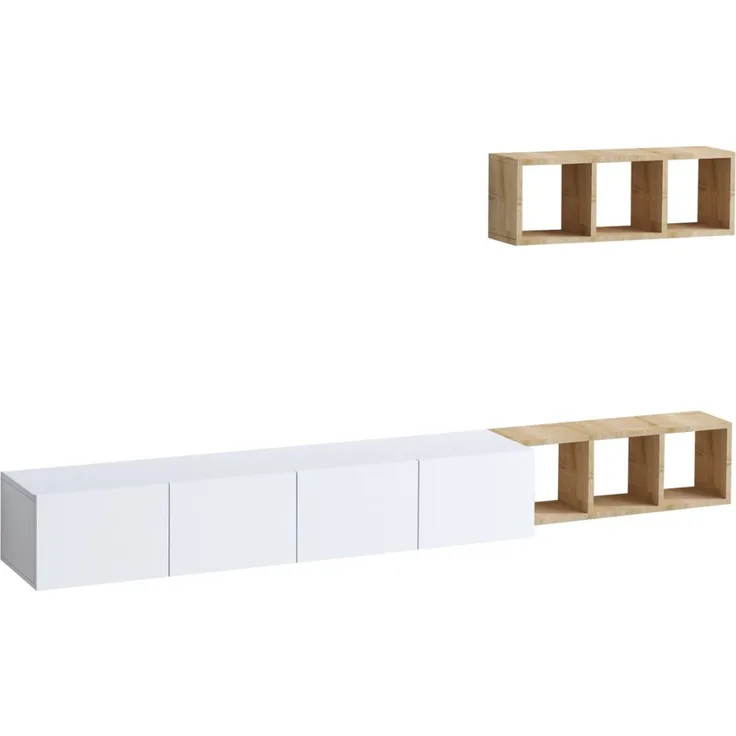 Calicosy TV-Schrank 4 Türen Weiß mit Eichenregal L215 cm - PIA - Weiß