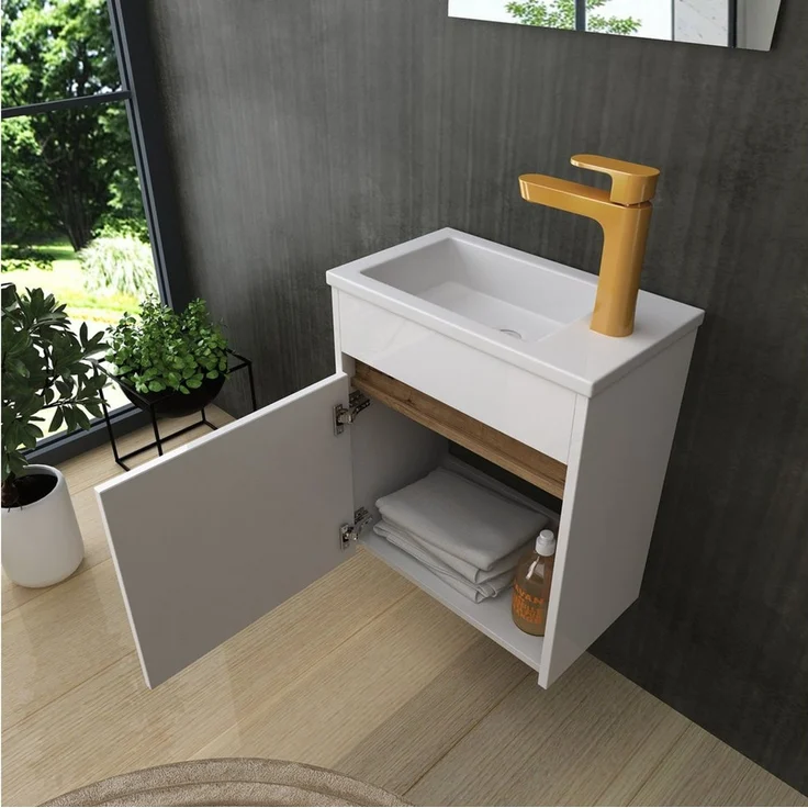 Homeline Badmöbel-Set Badmöbel set Schwarz weiß Hochglanz eiche, Badezimmer Möbel, (Badmöbel, Besteht aus drei Tagen Spiegel Keramik Becken und Unterschrank) – Bild 2